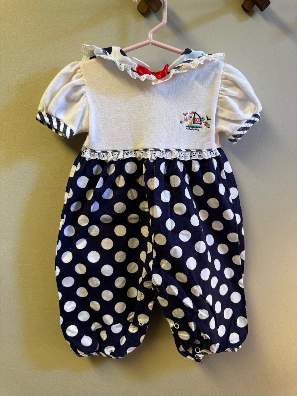 Vintage Baby Polka Dot Navy and White One-Piece Romper